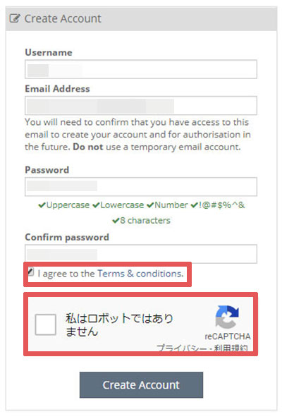 「I agree to the Terms & Conditions（利用規約に同意）」にチェック