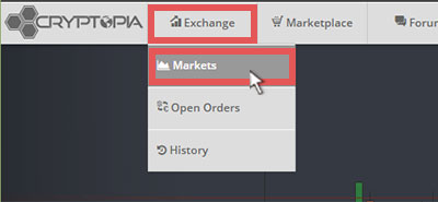 CRYPTOPIA（クリプトピア）トップページから「Exchange　→　Markets」をクリック