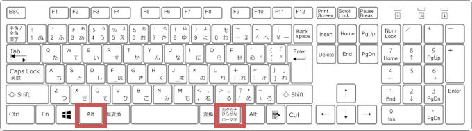 「Altキー　+　カタカナひらがな/ローマ字」を押すキーボードのイメージ