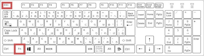 「FNキー　+　Escキー」を押すキーボードのイメージ