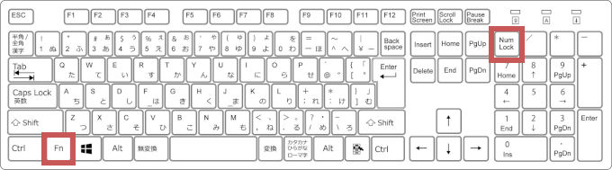 「FNキー　+　NumLockキー」を押すキーボードのイメージ